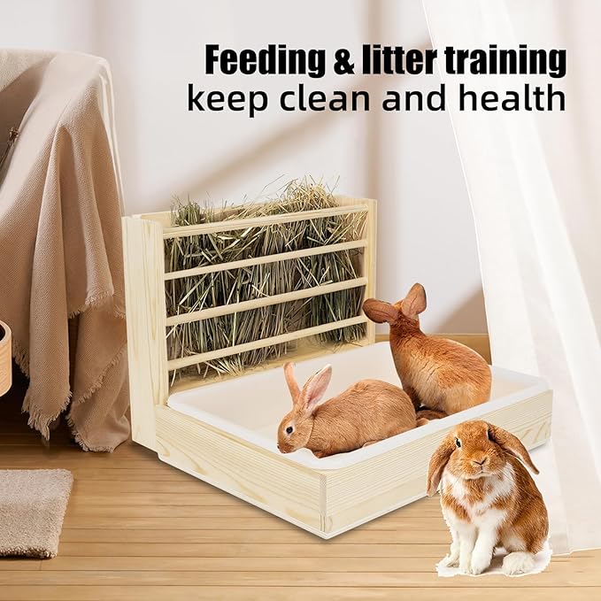2 in 1 Wooden Rabbit Hay Feeder Box Safe Bunny Feeder Manger Grass Food Holder Rack Hay Holder with Toilet Rabbit Hay Feeder with Litter Pan Designed for Rabbits Guinea Pig Hamster Small Animals-PurrikoPets