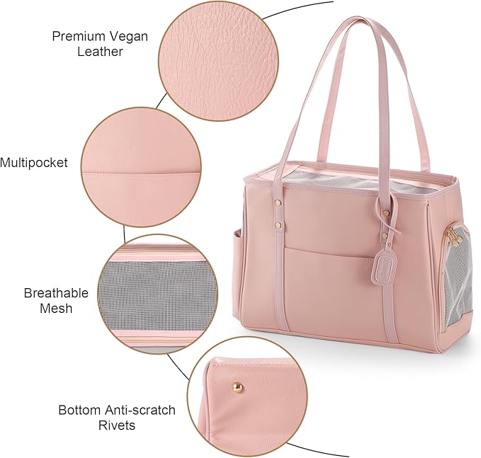 Fashion Dog Carrier Purse, Premium Leather Cat Carrier Bag, Airline Approved Soft Sided Pet Travel Tote Bag with Pockets Pink-PurrikoPets