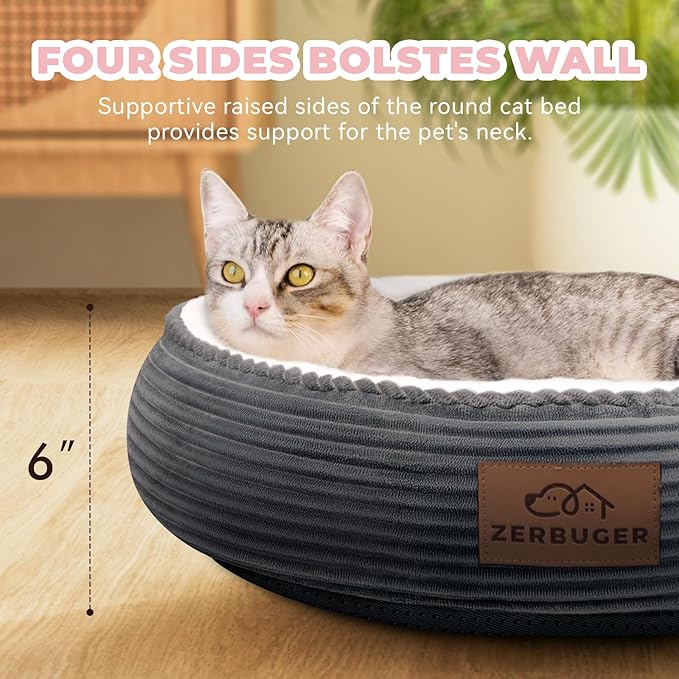 20in Washable Cat Beds for Indoor Cats - Round Donut Pet Bed for Cats, Small Dogs, Puppy, Kitten - Anti-Slip Bottom, Calming Bed Gift - Dark Grey-PurrikoPets