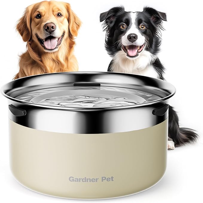Gardner Pet Dog Bowls 1 Gallon (3.85L) Stainless Steel No Spill Water Bowl, Slow Water Feeder Metal Dog Bowls, Spill Proof Water Dispenser for Large Dogs, Promotes Healthy Hydration(White)-PurrikoPets