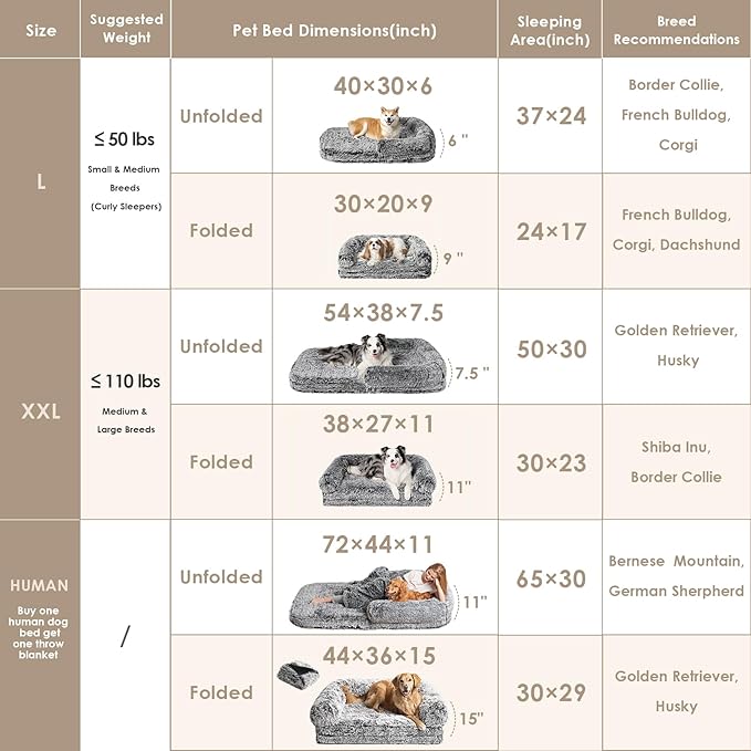 EHEYCIGA Foldable Human Dog Bed, Orthopedic Memory Foam Human Sized Dog Bed, Waterproof Pet Bed for People, Faux Fur Pet Couch for Adult, Faded Black, 72"x44"x11"-PurrikoPets