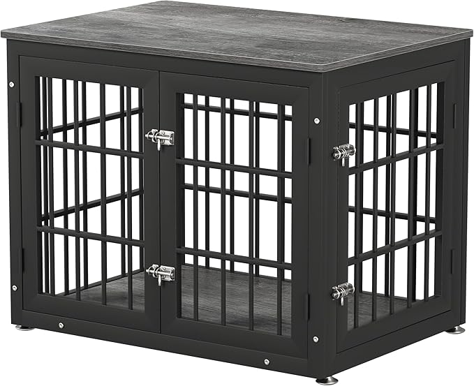 32 Inch Heavy Duty Dog Crate Furniture for Medium and Small Dogs, Decorative Pet House End Table, Wooden Cage Kennel Furniture Indoor, Gray-PurrikoPets