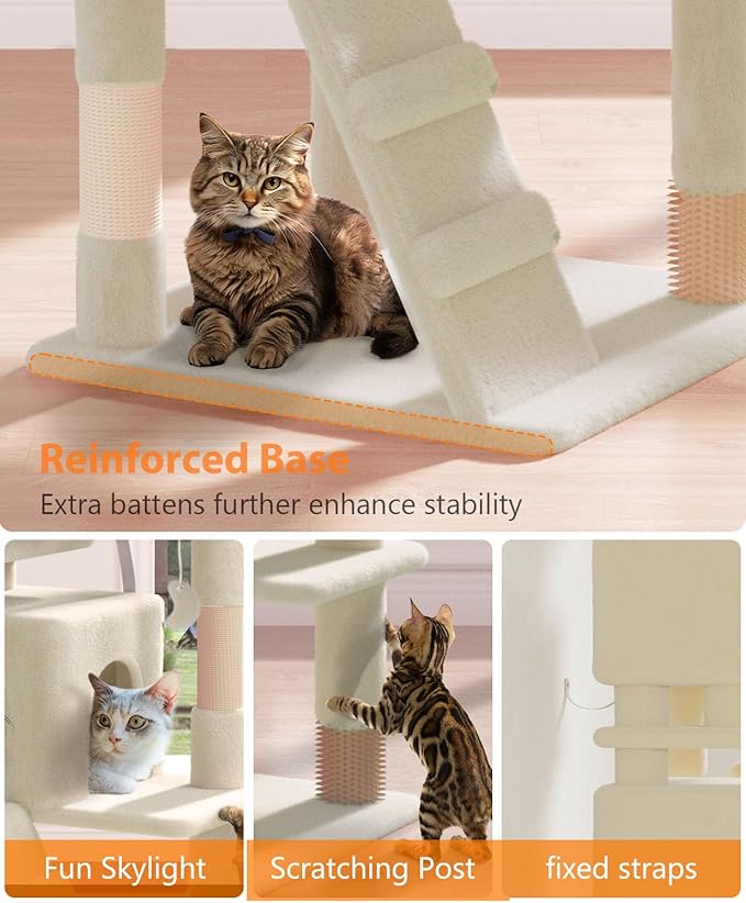 77'' Cat Tree Tower for Indoor Cats Large Adult, Cute/Tall Modern Cat Tree for Big Cats 20 lbs, Plush Multi-Level Cat Condo with Scratching Posts, Dangling Ball for Fun Play (Beige, 77 inch)-PurrikoPets