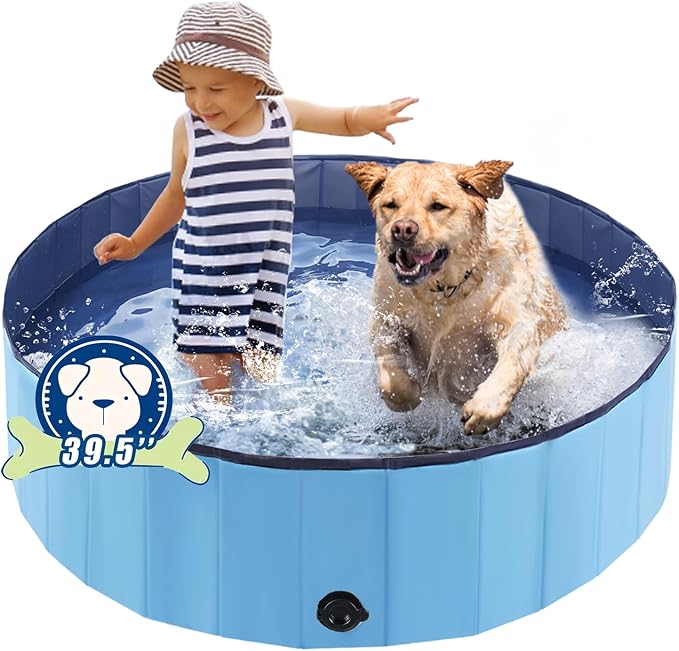 Foldable Dog Bath Swimming Pool Plastic Kiddie Pool Professional Tub Collapsible Grooming Bathtub for Pets Kids Baby and Toddler, 39.5 x 12 Inches Blue-PurrikoPets