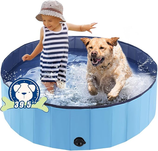 Foldable Dog Bath Swimming Pool Plastic Kiddie Pool Professional Tub Collapsible Grooming Bathtub for Pets Kids Baby and Toddler, 39.5 x 12 Inches Blue-PurrikoPets