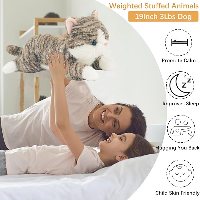 19 inch 3 lbs Cat Weighted Stuffed Animals, Realistic Weighted Cat Stuffed Animal, Sensory Comfort Plush Throw Pillow, Soft Kawaii Stuffed Kitty Plush Toy Gift for Adults Kids Youth-PurrikoPets
