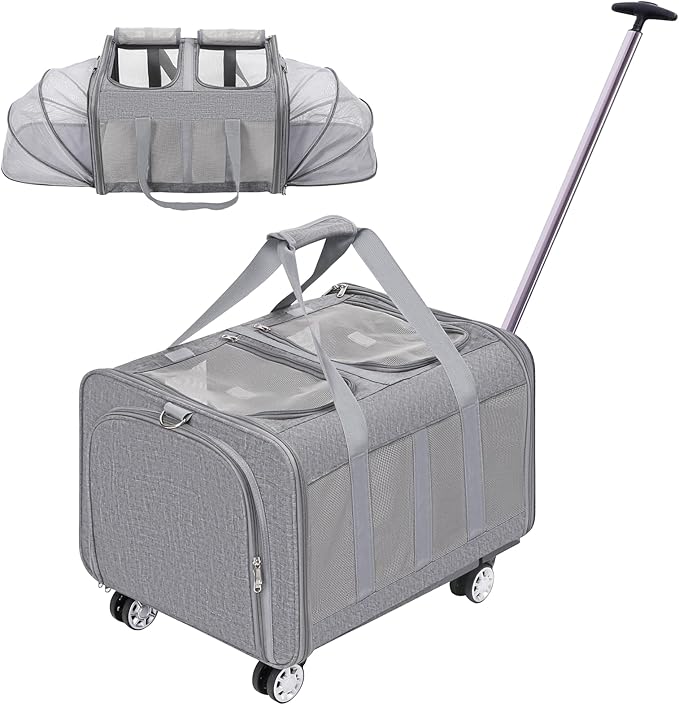 Expandable Pet Carrier with Wheels, Double Cat Dog Carrier 21"x 17"x 16" up to 40 Lbs, Rolling Pet Carrier for Cats and Dogs, Extra Large Pet Travel Carrier, Ideal for Outdoor/Travel-PurrikoPets