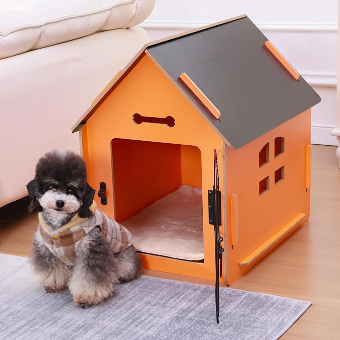 Dog House Indoor for Small Dogs or Cats, Cozy Wooden Design, Small Indoor Bed House, with Air Vents and Elevated Floor Warm Dog Cave (Orange)-PurrikoPets