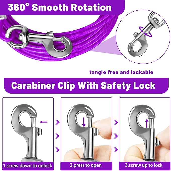 Dog Tie Out Cable 10/15/20/25/30 FT Runner for Yard Steel Wire Cable with Durable Superior Clips Purple Chains for Outside Dog Lead for Large Up to 165 Lbs-PurrikoPets