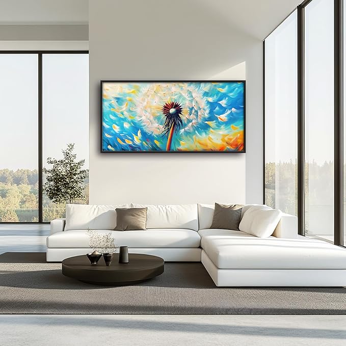 Extra Large Abstract Dandelion Framed Wall Art for Living Room,Oversized Colorful Dandelion Flower Pictures Wall Decor,Blue Canvas Print Painting Modern Artwork Bedroom Office Bathroom 60L" x 30W"-PurrikoPets