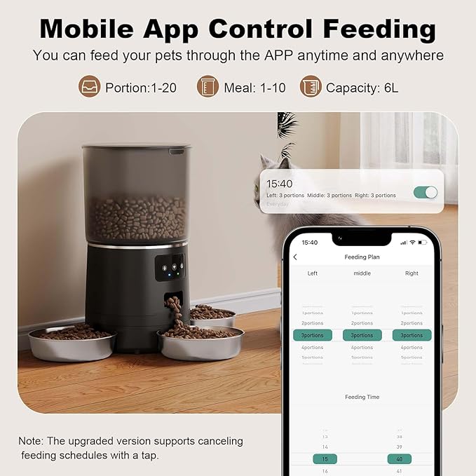 3-Cat Automatic Pet Feeder, 6L WiFi Cat Food Dispenser with APP Control, 1-10 Meal Programmable, Voice Recorder, Smart Alerts, Stainless Steel Bowls for Cats and Small Dogs (Black)-PurrikoPets