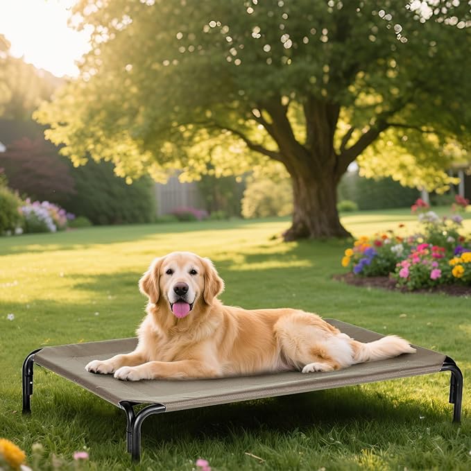 Elevated Dog Bed for Outdoor, XXXL Raised Dogs Cot with Washable Mesh, Cooling Pet Beds Chew Proof Dog Hammock, Metal Frame Lifted Platform for Training Outside Camping, 59 inch Brown-PurrikoPets
