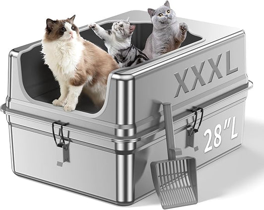 All-Metal 28" Extra Large Stainless Steel Cat Litter Boxes with Lid Metal Cat Litterbox Pan for Big Cats and Multiple Cats, Anti-Leakage, Easy Cleaning, Include Scoop-PurrikoPets