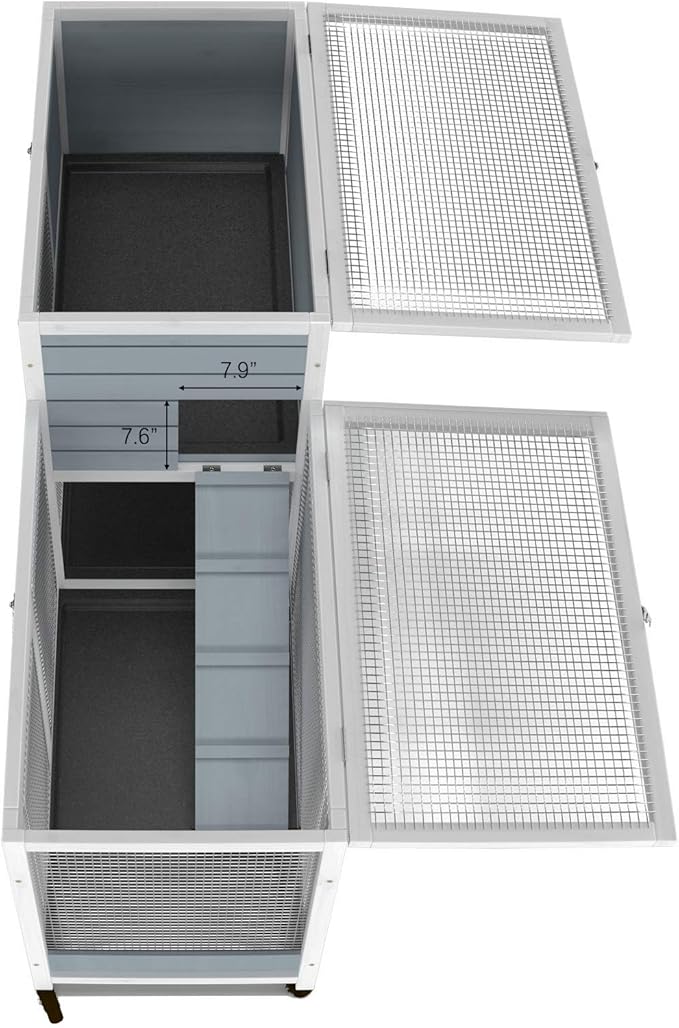 GDLF Two Floors 58" Wooden Indoor Bunny Hutch Rabbit Cage on Wheels Guinea Pig PET House for Small to Medium Animals Waterproof No Leak Tray-PurrikoPets