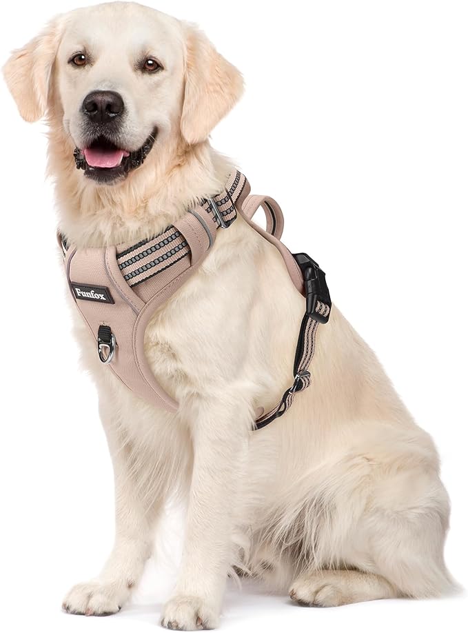 Funfox Dog Harness No Pull, Adjustable Pet Vest Harness, Super Soft Material with Vertical Handle Easy Control, Reflective Night Walking, 2 Leash Clips for Large Dogs, Brown, L-PurrikoPets