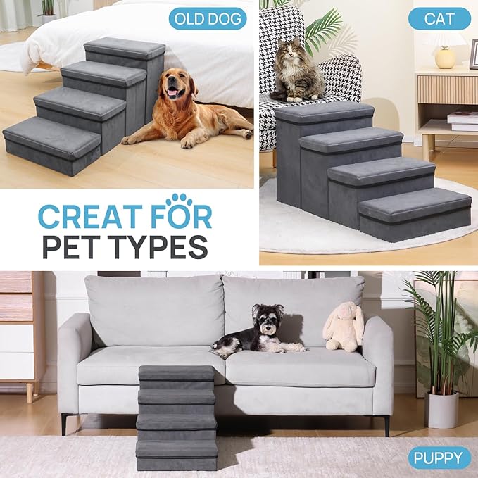 Foldable Dog Stairs 4 Tier Pet Steps, for Small Medium Dogs Pet Steps Storage Stepper for High Beds Sofa (4 Step)-PurrikoPets