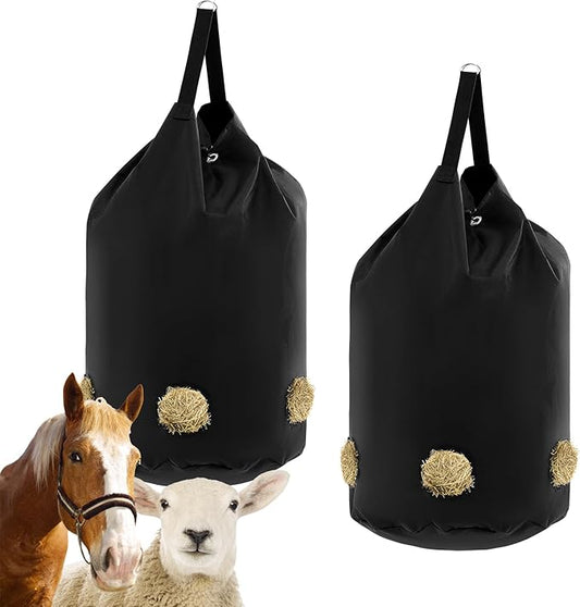 2 Pcs hay Bags for Horses Goats Slow Feed 1680D Oxford Bag Black Large Capacity Net Open Feed Hole Hay Holder for Horse Goats Sheep(5 Holes)-PurrikoPets
