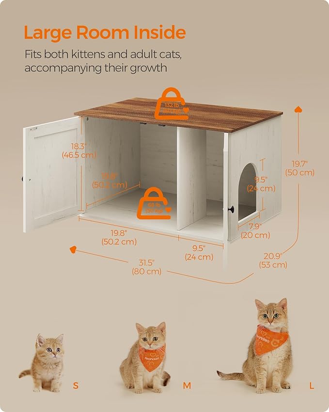 Feandrea Cat Litter Box Enclosure, Litter Box Furniture Hidden with Removable Divider, Indoor Cat House, End Table, 31.5 x 20.9 x 19.7 Inches, Honey Brown and Rustic White UPCL002P01-PurrikoPets