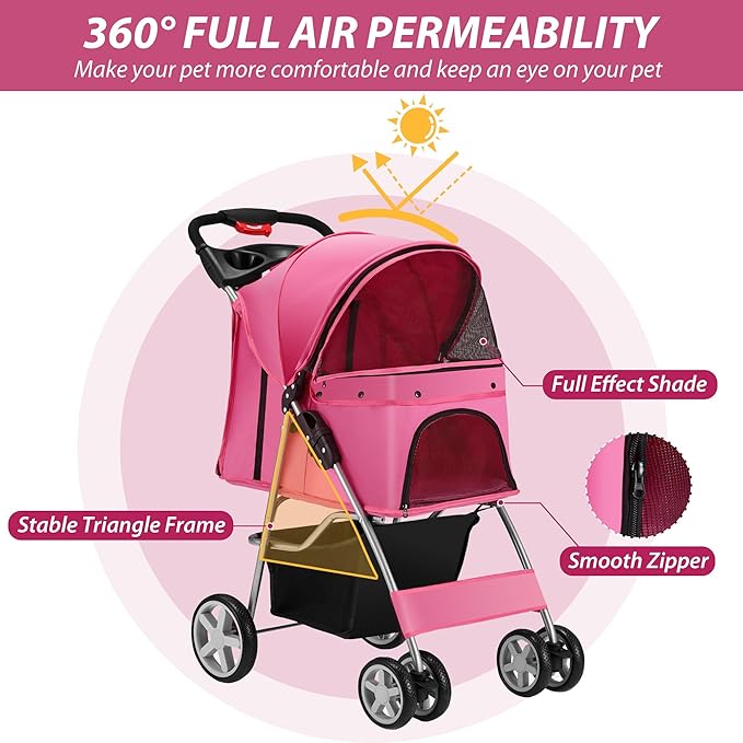 4 Wheels Pet Stroller for Small Medium Dogs Cats 10-33 lbs, Foldable Dog and Cat Stroller with Cup Holder & Storage Basket & Breathable Mesh, Pet Strolling Cart for All-Season, Pink-PurrikoPets