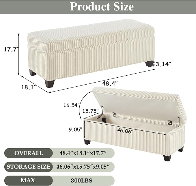 48" Ottoman with Storage, Corduroy Storage Ottoman Bench for Bedroom, End of Bed Bench with Safety Hinge for Living Room, Bedroom, Entryway, White-PurrikoPets