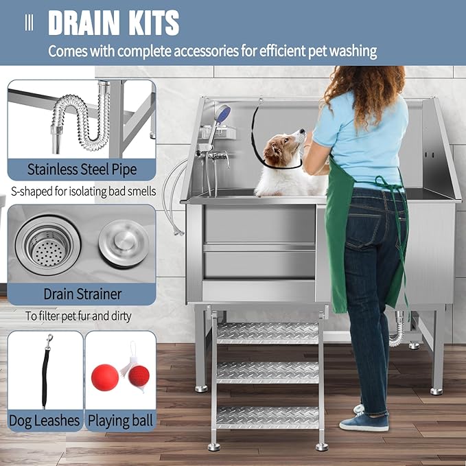 50" Dog Washing Station, Professional Stainless Steel Dog Bathing Station, Equipped/W Three Anti-Slip Steps, Removable Door, Upgraded Spray Nozzle&Hose - for Home, Pet Grooming Salon (50" Left ramp)-PurrikoPets