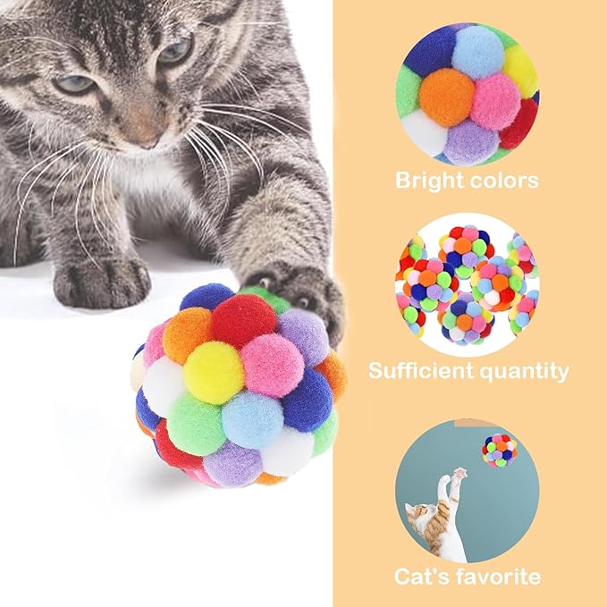 9PCS Cat Toy Balls, 1,75'' Soft Pom Pom Balls for Kittens, Colorful Soft Fuzzy Balls for Cats, Interactive Playing Chewing Toys for Indoor Cats and Kittens, Cute Kitten Kitty Toys-PurrikoPets