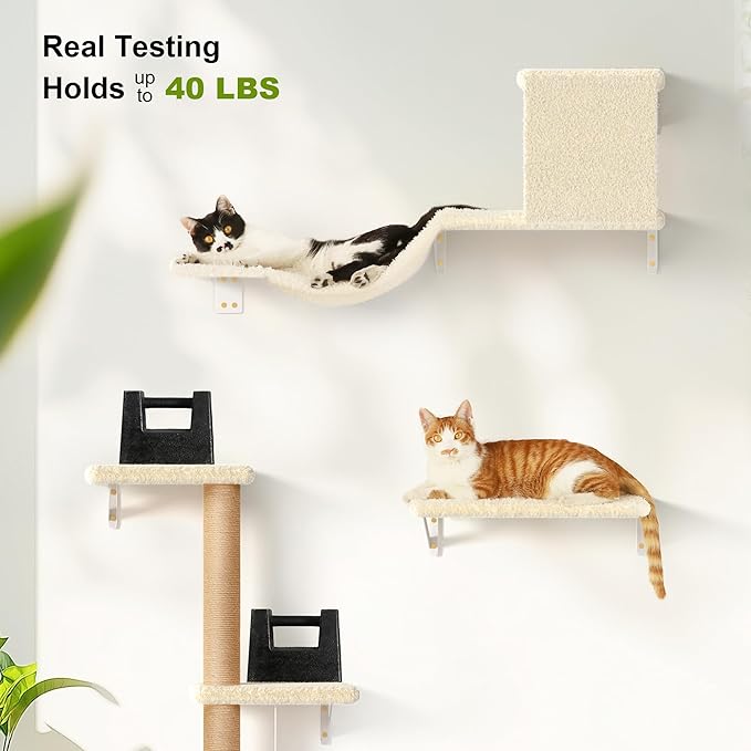 FUKUMARU Cat Wall Shelves, Stable & Safe 4 in 1 Large Cat Walls Furniture Set, Wooden Kitten Climbing Wall with Scratching Post for 16 Inch Drywall - Beige-PurrikoPets
