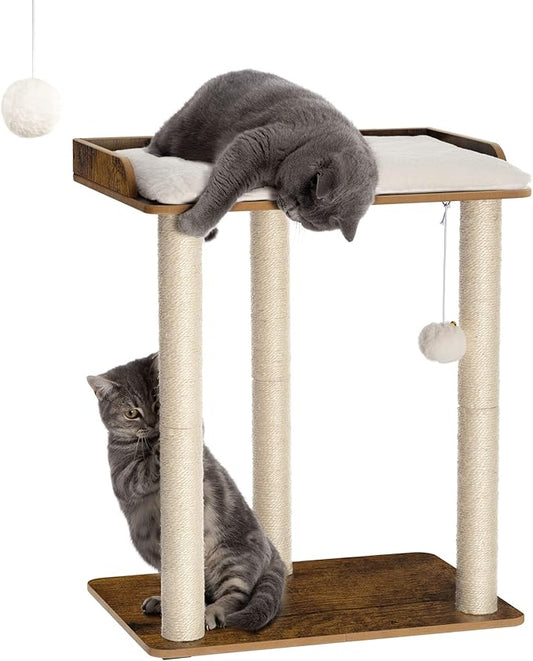 FourFurPets 26.7in Large Cat Tree Tower Condo, Cat Scratch Posts for Indoor Cats, Big Plate, Three 23.6in Full Sisal Scratching Posts, Rustic Brown-PurrikoPets