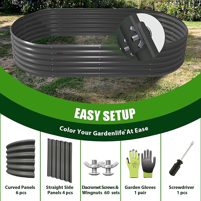 A ANLEOLIFE 8X4X1.5 ft Galvanized Raised Garden Beds Outdoor, Oval Large Metal Planter Box for Planting Vegetables Flowers Herb, Anti-Rust & Easy-Setup, Quartz Grey-PurrikoPets