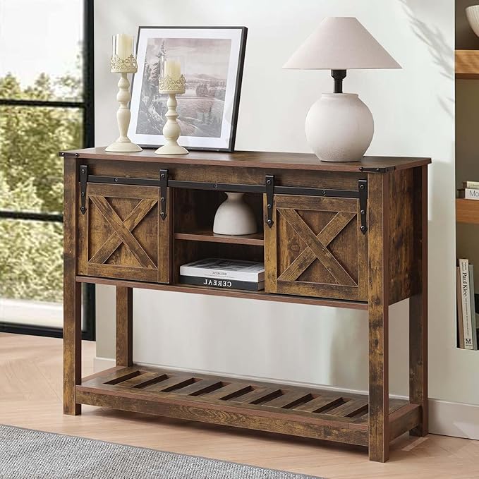 Entryway Table with Storage, Farmhouse Buffet Cabinet Coffee Bar Kitchen Island with Sliding Barn Doors & Shelves, Console Table for Kitchen, Dining Room, Living Room, Brown-PurrikoPets