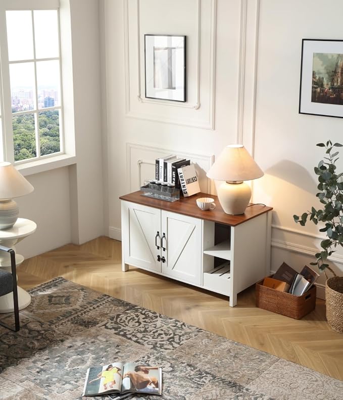 41.3'' Cat Litter Enclosure,Adjustable Shelf for Dog Proof and Storage,Locks Added for Cat, Litter Collector,Small Indoor Cat House,Antique White-PurrikoPets