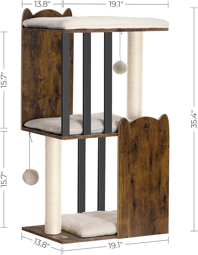 FourFurPets 35.4in 3-Tier Modern Cat Tree Tower Condo, Cat Scratch Posts for Indoor Cats, Big Plate, Two Full Sisal Scratching Posts, Rustic Brown-PurrikoPets