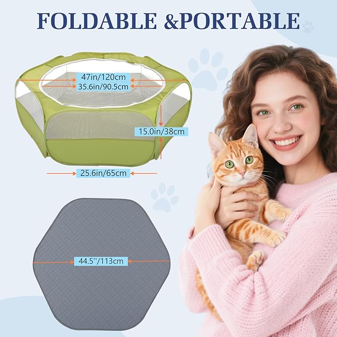 2-in-1 Small Animals Playpen with Pad, Waterproof Small Pet Cage Tent with Reusable Pad, Portable Outdoor Yard Fence with 3 Metal Rod for Chick/Kitten/Puppy/Guinea Pig/Rabbits/Chinchillas, Green-PurrikoPets