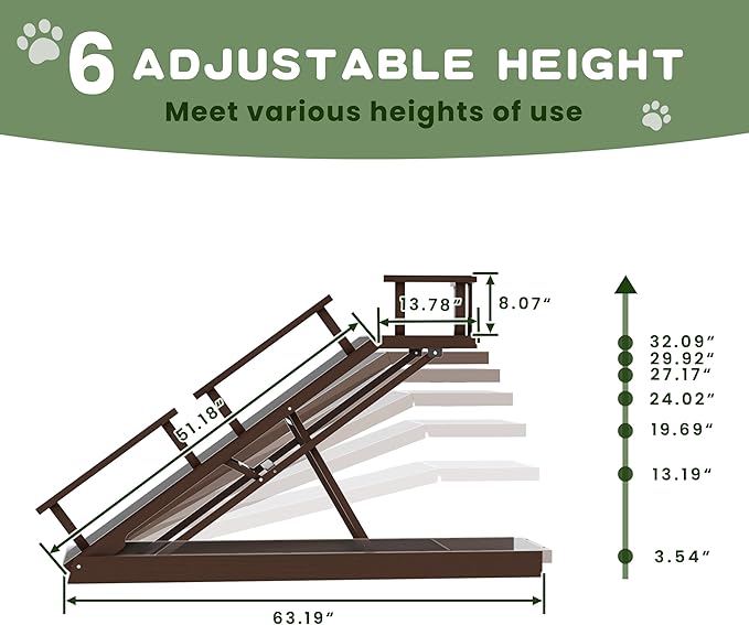 6 Level Height Adjustable Dog Ramp for Bed, Couch 65" Foldable Pet Ramp with Non-Slip Mat，DIY Glow Strips & Rest Platform Heavy Duty Dog Stairs for Large Dogs up to 200Lbs ，Brown-PurrikoPets