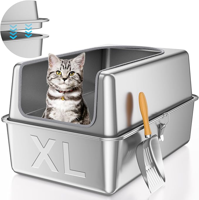 12'' High Sides XL All Stainless Steel Cat Litter Box with Lid,Deep Metal Litter Box for Big Cats,Extra Large Litter Boxes with High Wall Enclosure,Anti-Leakage,Never Absorbs Odors,Non-Sticky Surface-PurrikoPets