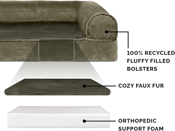Furhaven Orthopedic Dog Bed for Large Dogs w/ Removable Bolsters & Washable Cover, For Dogs Up to 125 lbs - Faux Fur & Velvet Sofa - Dark Sage, Jumbo Plus/XXL-PurrikoPets