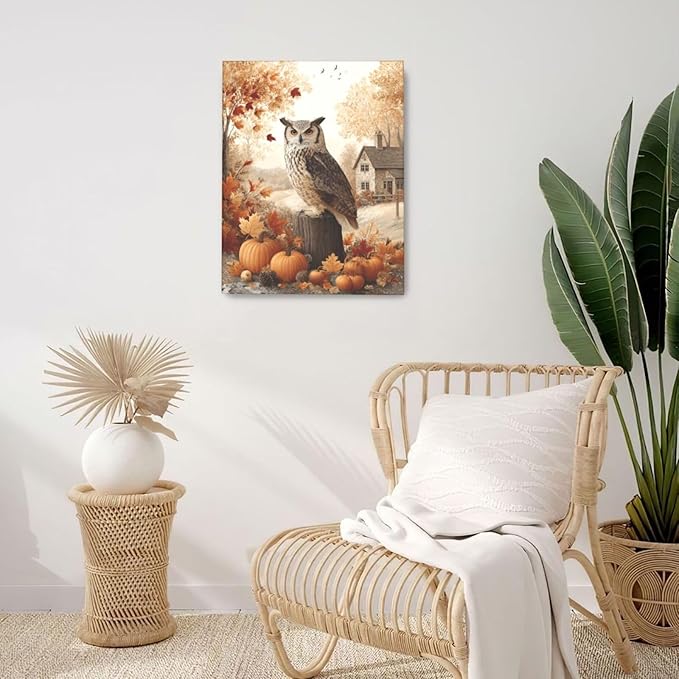 Fall Owl Wall Art Autumn Pumpkin Leaves Wall Decor Rustic Canvas Print Farmhouse Pictures Painting Print Framed Artwork Decorations Gifts for Living Room Bathroom Bedroom Office 16"x20"-PurrikoPets