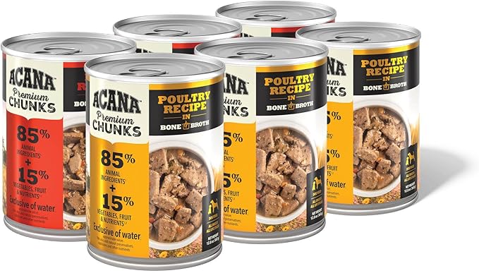 ACANA Premium Chunks in Bone Broth Grain-Free Wet Dog Food Variety Pack: Beef + Poultry Recipes 12.8oz Cans (6 Count, 3 of Each)-PurrikoPets