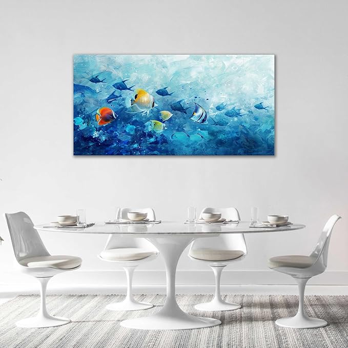 Extra Large Wall Art Tropical Fish Canvas Living Room Pictures Framed Prints Ocean Blue Oversize Wall Decor Animal Painting Artwork for Bedroom Dining Office Home 60"x30"-PurrikoPets