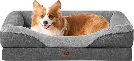 EHEYCIGA Memory Foam Dog Bed for Medium Size, Orthopedic Dog Sofa with Sides and Waterproof Liner, Washable Bolster Pet Couch with Removable Cover, 35x22x6.5 Inch, Grey-PurrikoPets