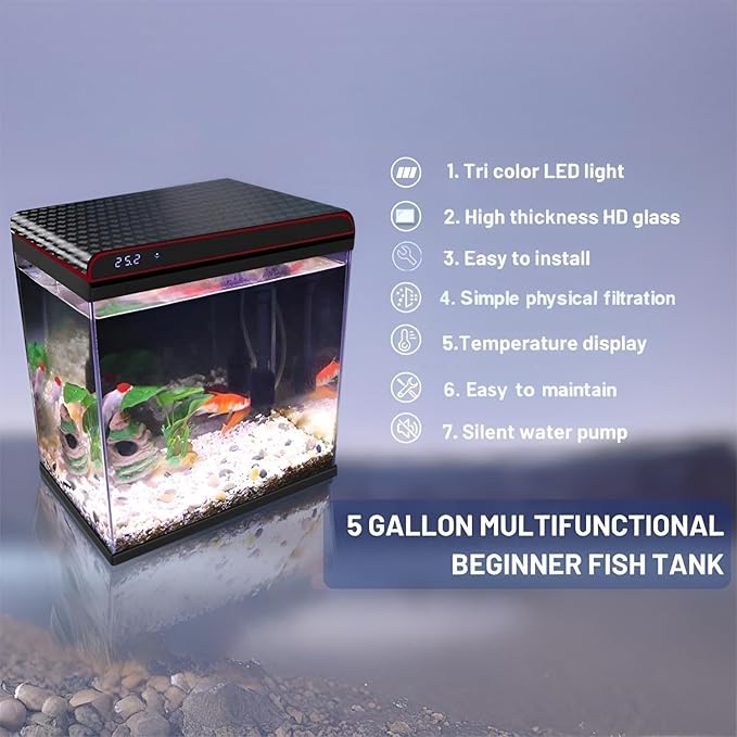 5 Gallon Glass Fish Tank Aquarium Starter Kit - Self-Cleaning, Ultra-Quiet Filter Pump, 3-Color LED Lights, Smart Temp Monitoring for Betta Fish, Shrimp, Kids Gift-PurrikoPets