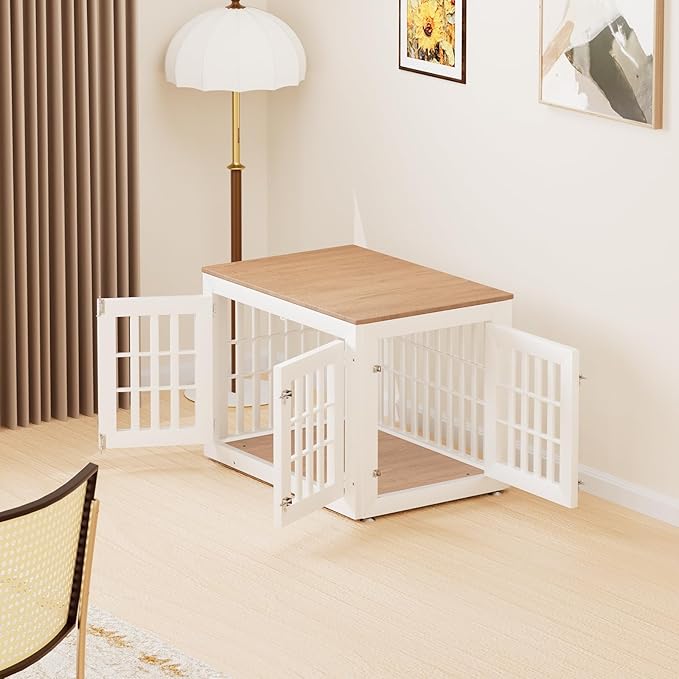 38" Heavy Duty Dog Crate Furniture for Small,Medium and Large Dogs,Rustic Wooden Dog Cage Kennel Indoor Furniture with Waterproof Top,Decorative Pet House Side End Table (White & Wood)-PurrikoPets