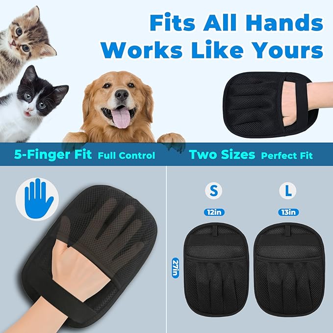 2Pcs Pet Hair Removal Gloves Kit (2 Sizes) for Dogs & Cats, 2025 Newly Upgraded Five-Finger Electrostatic Pet Hair Gloves, Reusable Pet Hair Remover Tools for Clothing, Carpet, Sofa Gaps, Car Seat-PurrikoPets