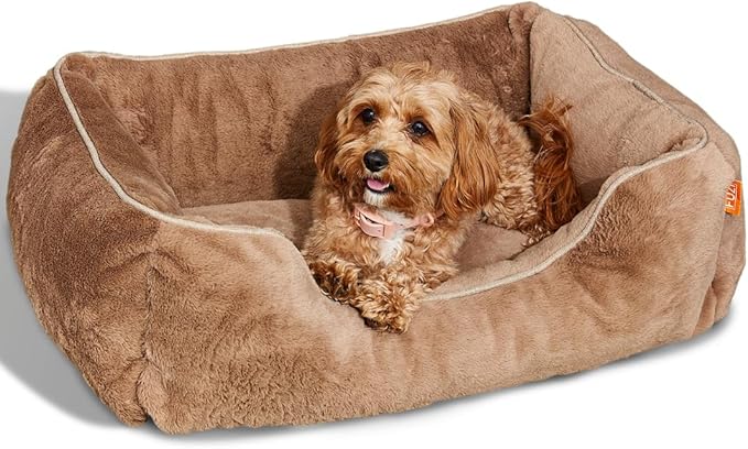 FUZI Luxury Aesthetic Dog Bed for Small Dogs with Washable Cover, Pet Couch, Pet Bed with Sides, Non-Slip Bottom, Soft and Durable Calming Dog Bed, Faux Rabbit Fur, Small 25.1x16.75x9.5 Light Brown-PurrikoPets