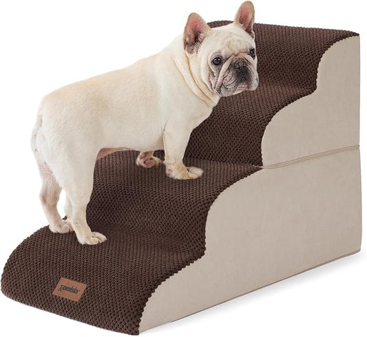 Dog Stairs Ramp for Bed 19.7" H - Pet Stairs Steps for Small to Medium Dogs to Get on Bed and Couch, 35D Foam with Non-Slip Bottom Brown, 4 Steps-PurrikoPets