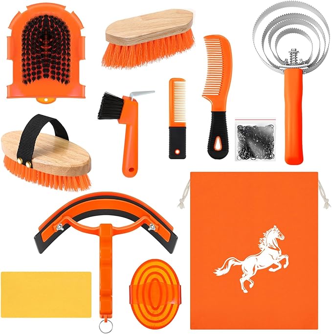 Abbylike 12 Pieces Horse Grooming Kit Racing Festival Tack Room Supplies Horse Brush Sets Equine Care Cleaning Kit Shedding Grooming Massaging Tools(Orange)-PurrikoPets