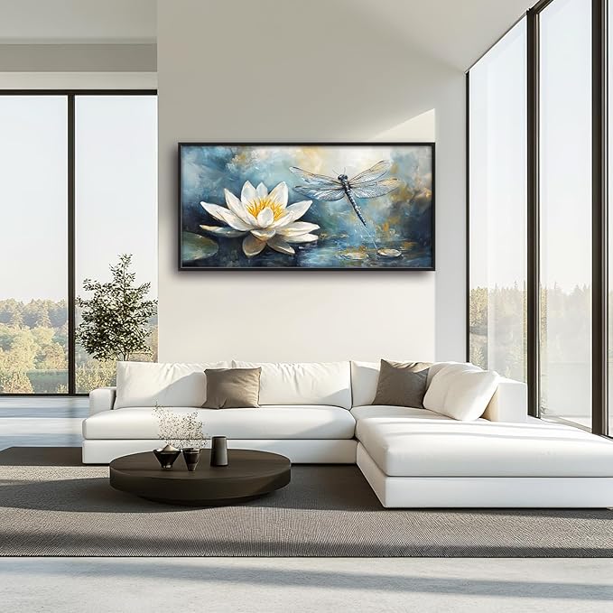 Extra Large Lotus Dragonfly Framed Wall Art for Living Room,Abstract Blue Lotus Flower Lake Pictures Wall Decor,Nature Canvas Print Painting Modern Artwork Bedroom Office Bathroom 60L" x 30W"-PurrikoPets