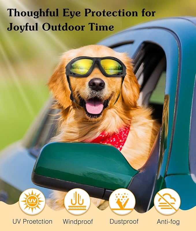 Dog Goggles Large Breed, UV Protection Dog Sunglasses with Sponge Pad and Adjustable Strap, Windproof Dustproof Anti-Fog Eye Protection Glasses for Outdoor Driving Riding, Black-PurrikoPets