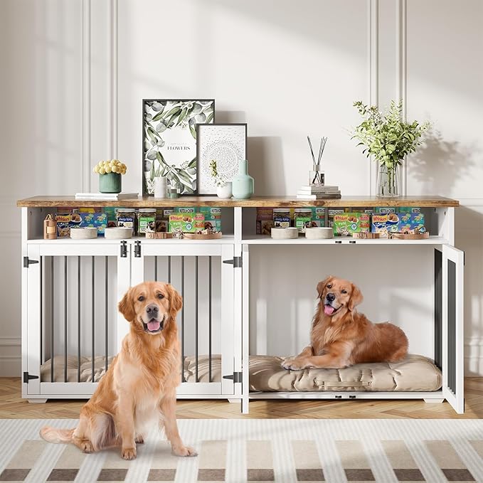 72'' Dog Crate Furniture for 2 Dogs, Wooden Dog Cage with Storage Compartment, Indoor Dog Kennel with 4 Doors for Large/Medium Dogs, White-PurrikoPets