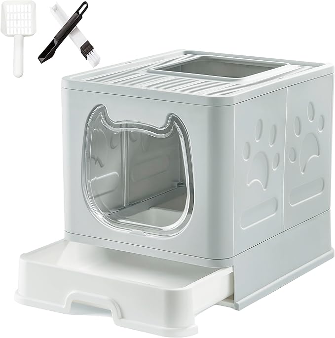 Gefryco Litter Box with Lid for Small to Medium Cats, Enclosed Cat Litter Box with Cover，High Sided Top Entry Cat Box with Brush and Scoop, Cute Kitty Litter Pan with Drawer for Growing Kittens(Grey)-PurrikoPets